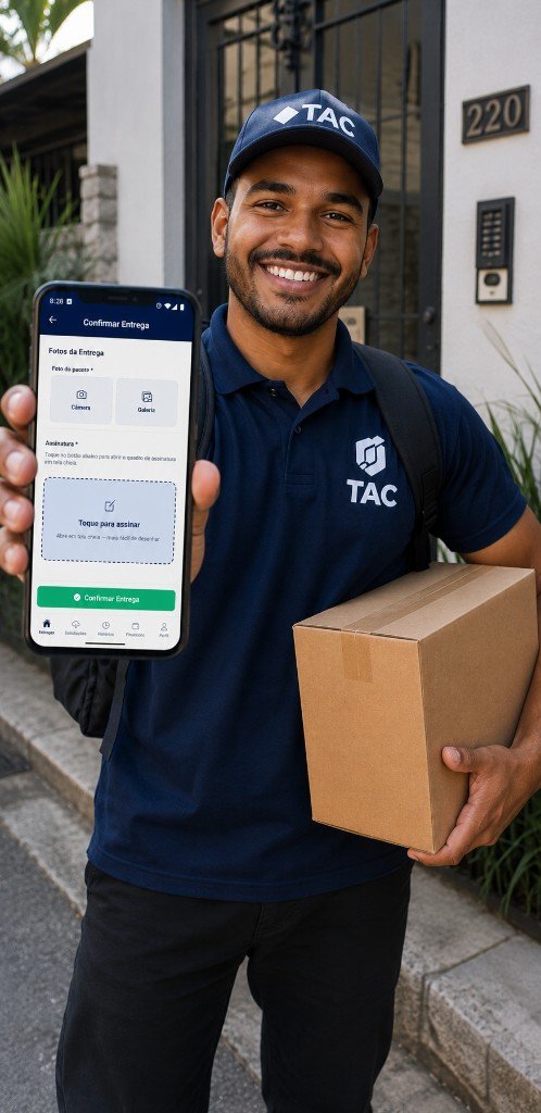 Entregador confirmando entrega com foto e assinatura no TAC Sistema